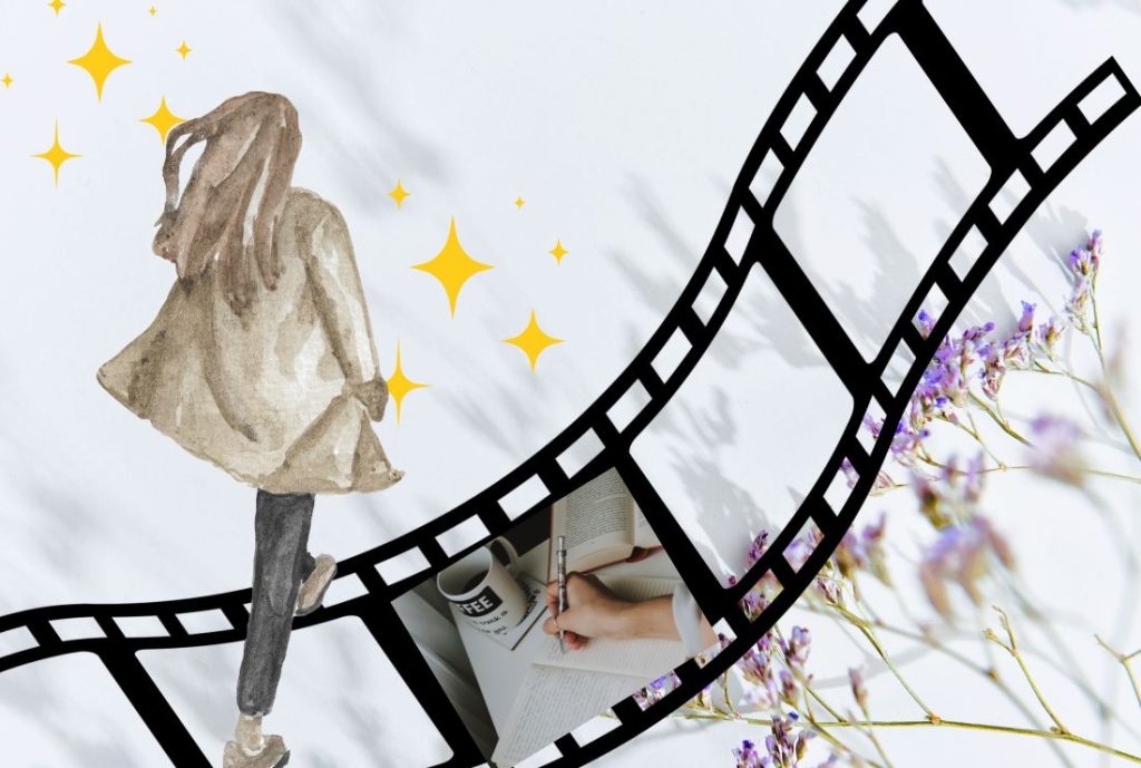 紫のスターチスの花の背景。女性が動画フィルムの上を歩く様子のイラスト。動画フィルムの一か所には勉強する様子の画像がある。