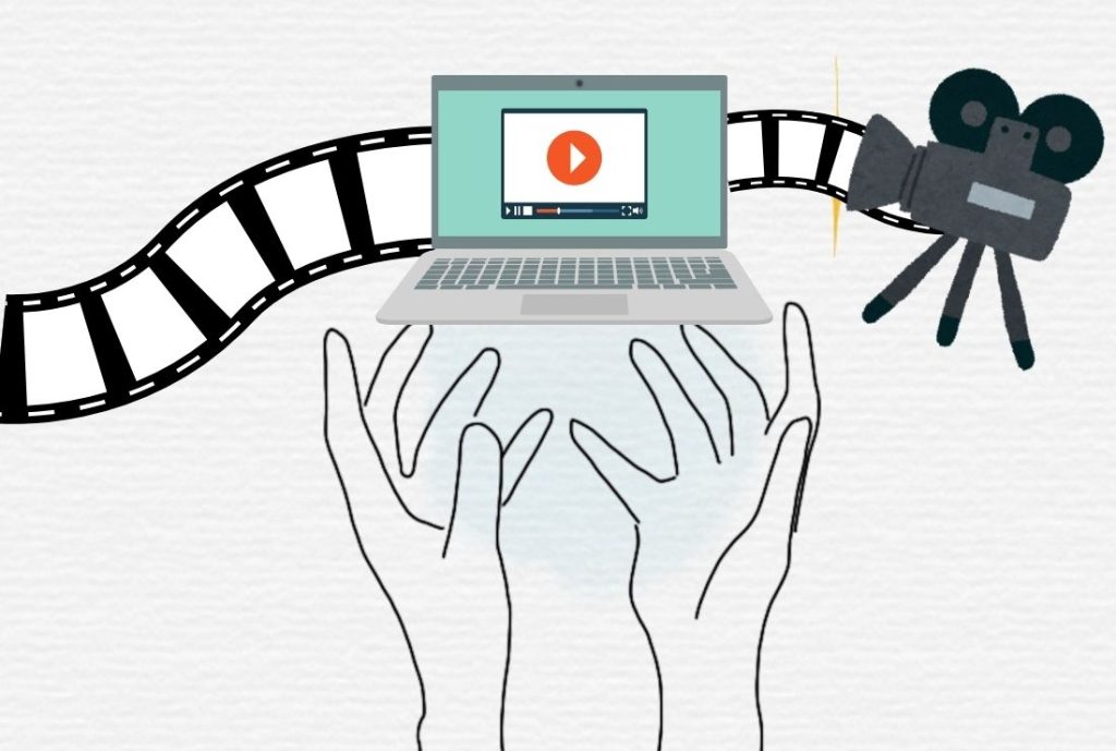 白い背景に両手を広げるイラスト。その上にパソコンで動画を再生するイラストがあり、周りにビデオテープが広がっている。