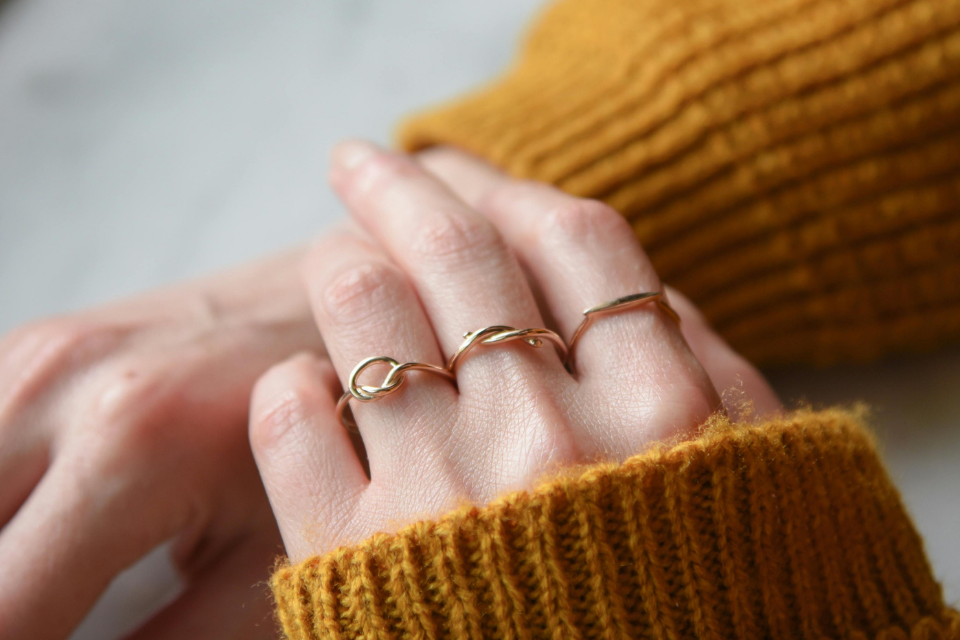 人差し指・中指・薬指に指輪を付けている人物の手元の画像。