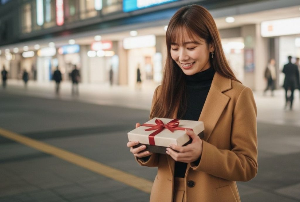 駅前の背景。女性がプレゼントを両手で持ち下を向いて微笑んでいる様子