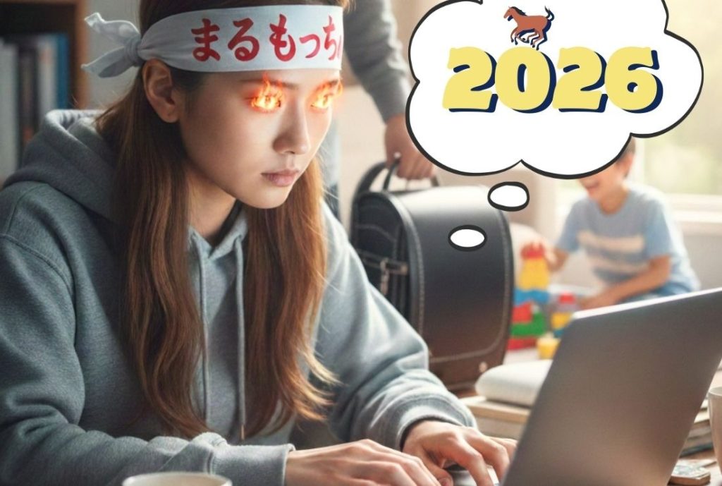 ”まるもっちゃん”のテキストが書かれたハチマキを頭に巻いた女性がパソコンを打つ画像