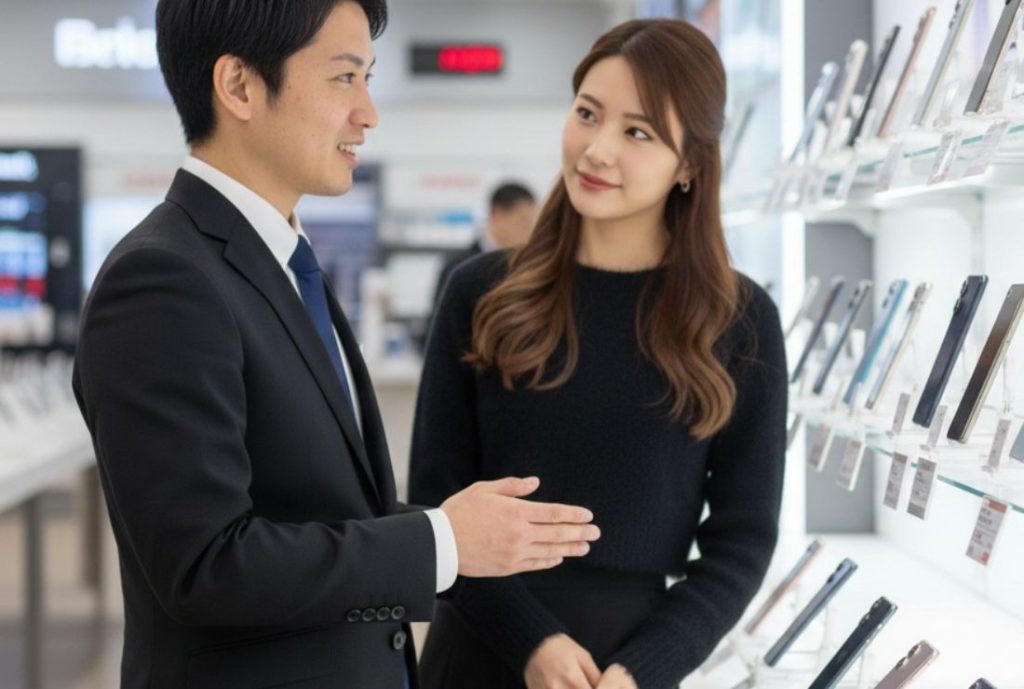 家電量販店で男性店員の話を聞く、女性客の画像