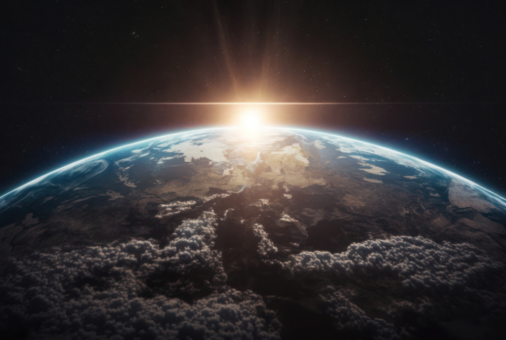 真っ暗な宇宙と太陽の背景。地球の表面の画像。